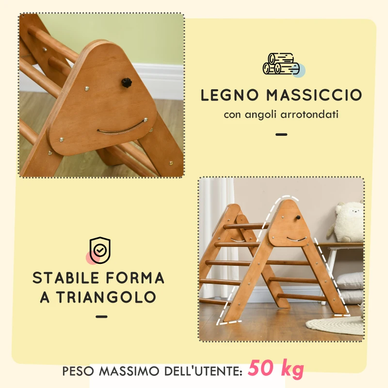 HOMCOM Triangolo da Arrampicata Pieghevole per Bambini 3+ Anni in Legno di Faggio, 90x64x70 cm, Marrone chiaro
