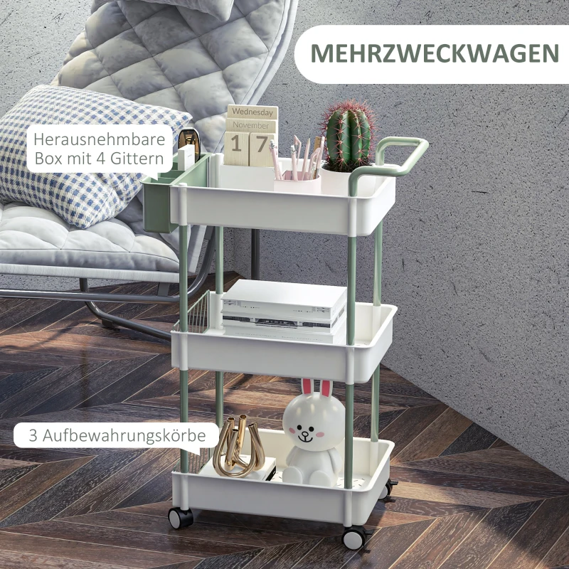 HOMCOM Trolley, 3 verdiepingen, hangmand, duwhandgreep, 4 wielen, metalen frame, wit, 50 x 29,4 x 77 cm