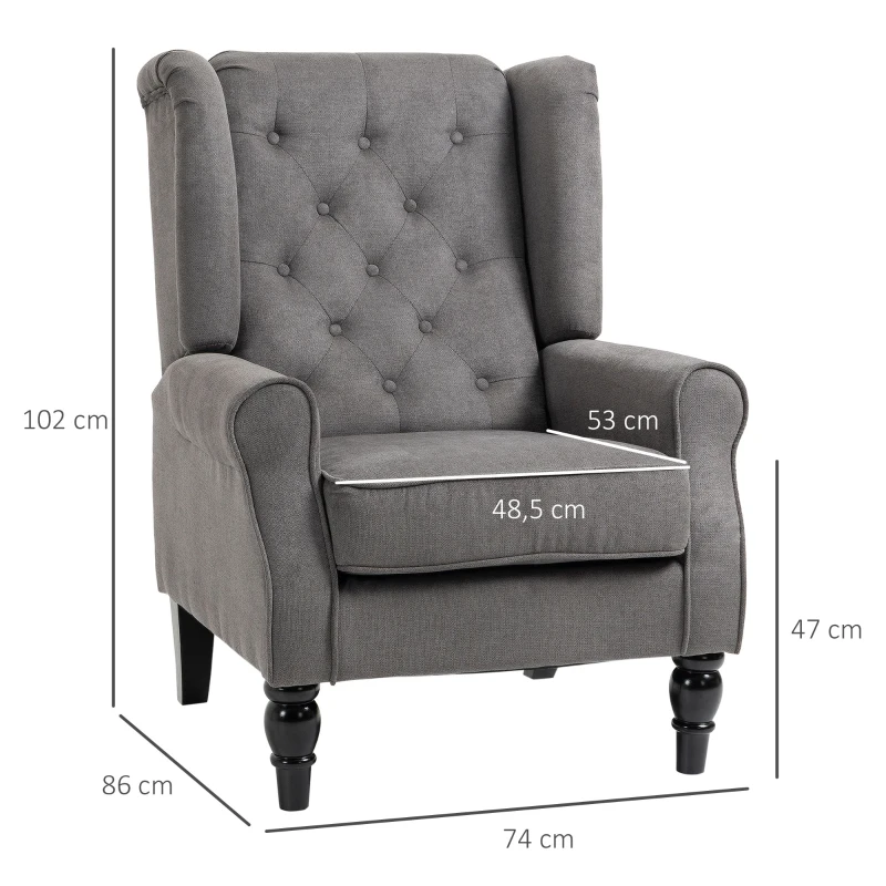 HOMCOM Elegante Oorfauteuil, Dik Gepolsterd, Afneembare Hoes, 74 x 86 x 102 cm, grijs+zwart(m-3)