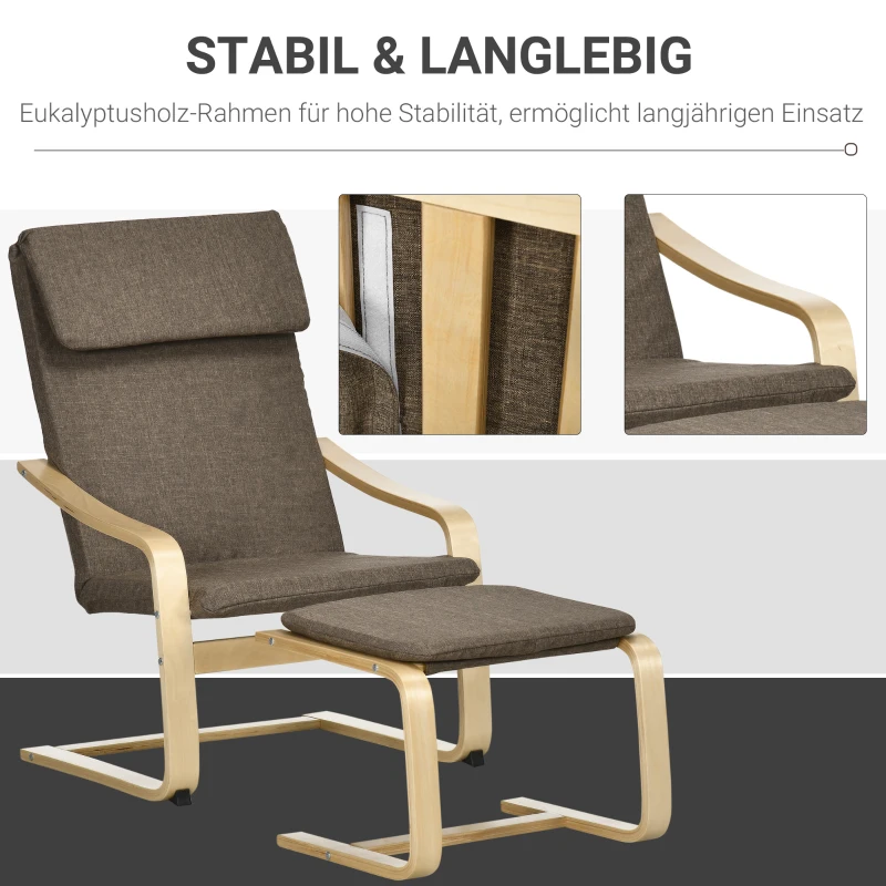 HOMCOM Fauteuil met voetenbank, fauteuilset, linnenlook, massief hout, bruin + naturel
