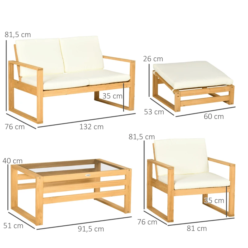 Outsunny Salon de Jardin en bois 6 pièces pour 4 personnes 2 fauteuils + 1 canapé + 1 table basse + 2 repose-pieds beige