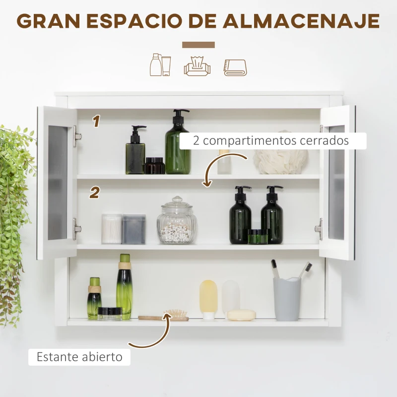 HOMCOM Armario de Pared con Espejo Armario Colgante con 2 Puertas de Vidrio y Estante de Almacenaje 80x20x65 cm Blanco