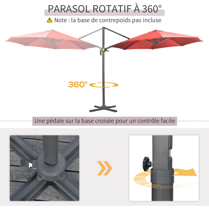 Outsunny Parasol déporté Ø 3 m octogonal inclinable manivelle avec pied en acier Rouge vineux