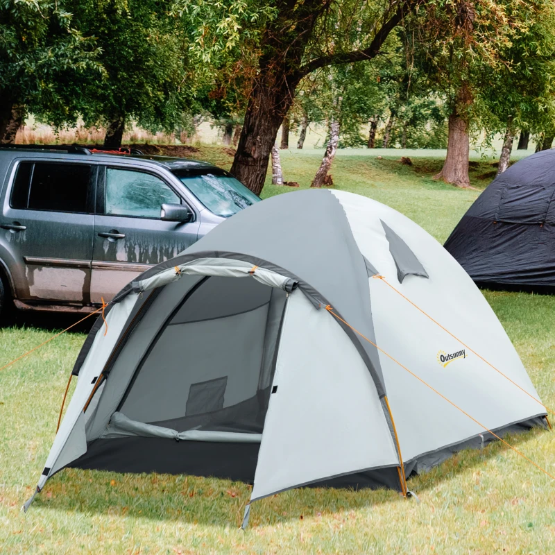 Outsunny Tente de camping 3-4 personnes imperméable fenêtres à mailles double couche portable 350 x 150 x 128 cm gris