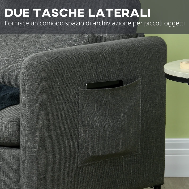 HOMCOM Poltroncina Moderna in Tessuto effetto Lino con Gambe in Acciaio e Tasche laterali, 73x73x80cm, Grigio