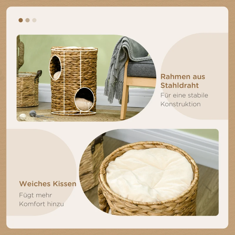 PawHut Kratztonne, 47 cm, 2 Höhlen, Kissen, Kratzbaum mit Katzenbett, Katzenturm aus Wasserhyazinthe, Hellbraun