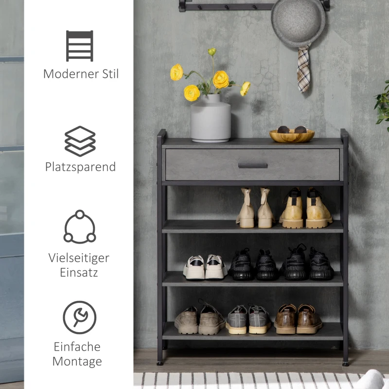 HOMCOM Schuhregal, für 12 Schuhpaare, mit 1 Schublade, 3 Regalböden, Stahlrahmen, schwarz, 80 x 30 x 95 cm