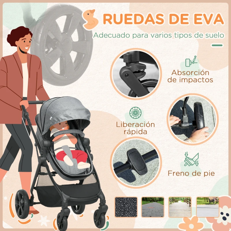 HOMCOM 2 en 1 Silla de Paseo Ligera Cochecito para Bebé de 0-36 Meses Plegable con Asiento Reversible 96x61x106 cm Gris