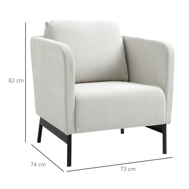 HOMCOM Poltroncina in Velluto a Coste con Gambe in Acciaio e Cuscino Posteriore, 73x74x82 cm, Grigio