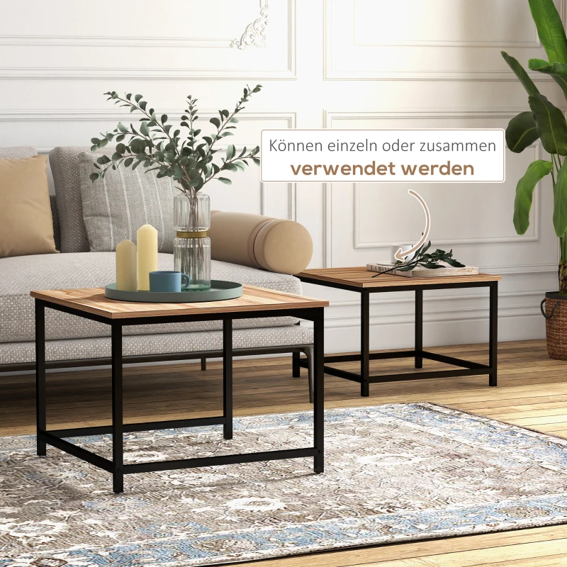 HOMCOM Set van 2 bijzettafels, industrieel design, zwart stalen frame, tafelblad met houteffect