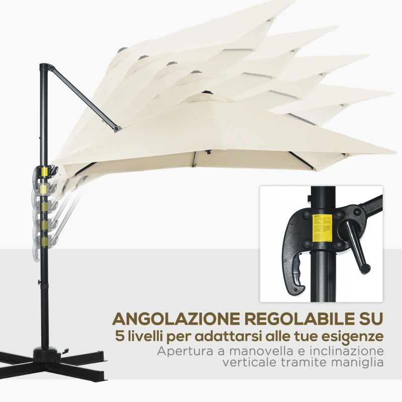 Outsunny Ombrellone da Giardino con Angolazione Regolabile su 5 Livelli e a 360°, 2.5x2.5 m, color Crema
