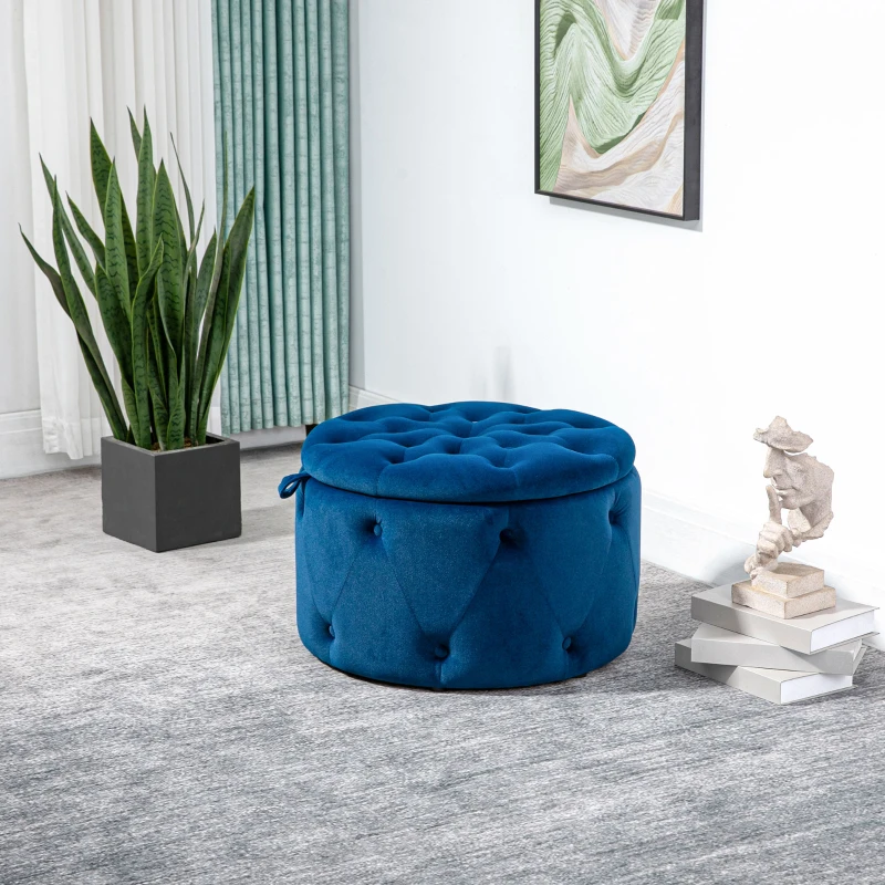 HOMCOM Poef, rond, met opbergruimte, gestikt design met knopen, bekleding in fluwelen look, blauw, 60 x 60 x 40cm