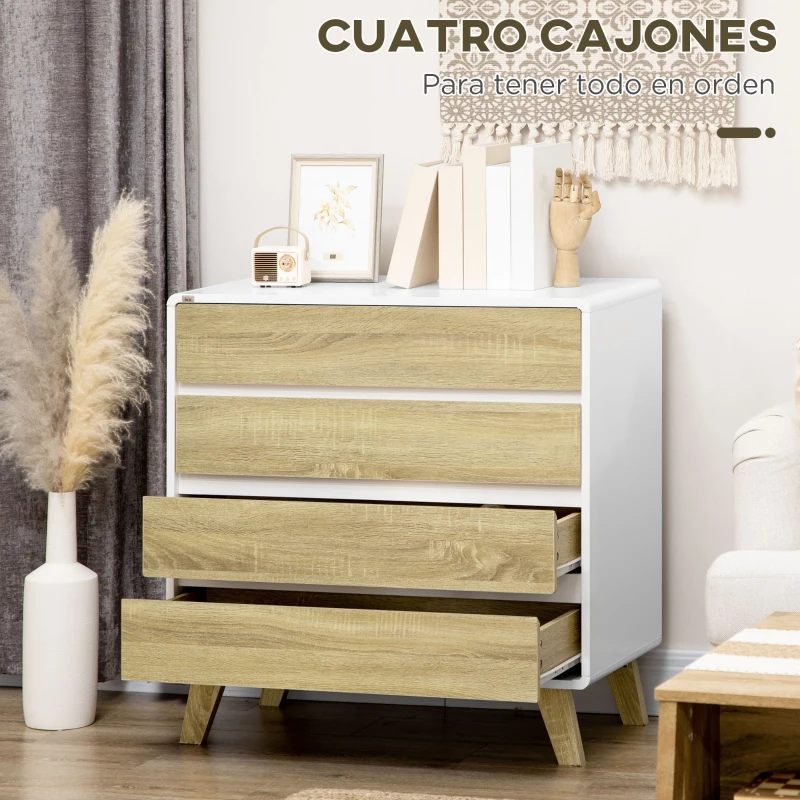 HOMCOM Cómoda con 4 Cajones Cajonera de Madera con Patas Elevadas para Salón Dormitorio 80x40x79,5 cm Blanco y Roble