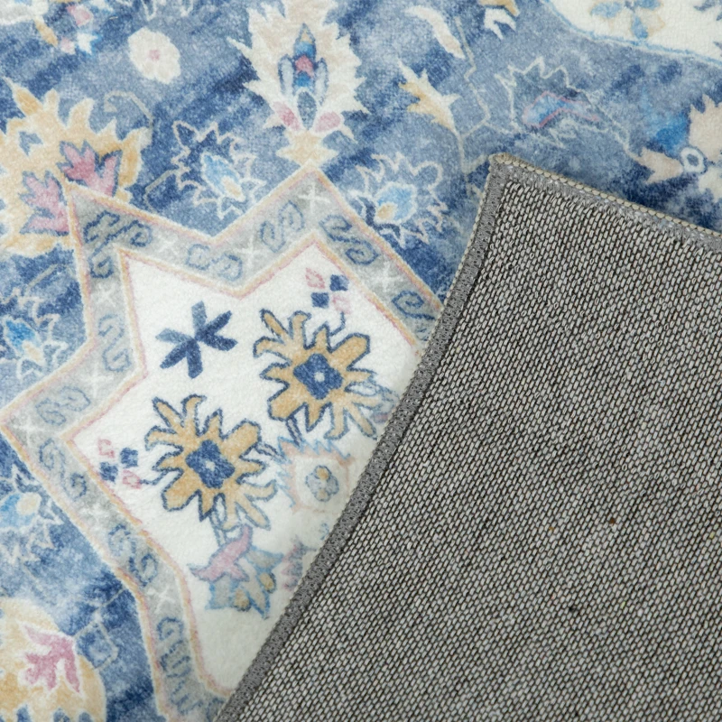 HOMCOM Alfombra de Salón Vintage 150x80 cm Alfombra Rectangular de Lana Sintética Antideslizante para Salón Dormitorio Azul