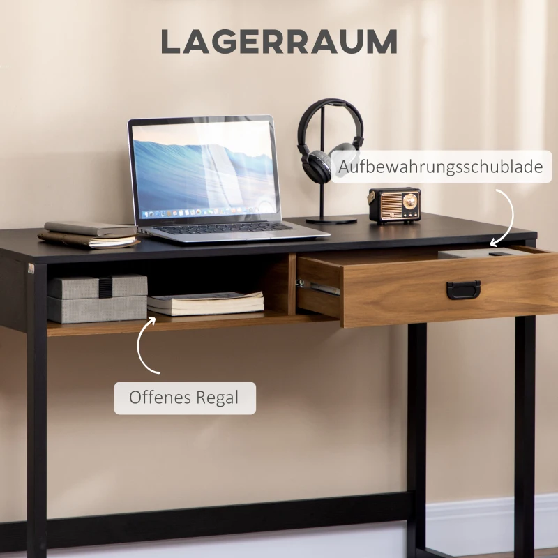HOMCOM Schreibtisch im Industrie-Design, 1 Schublade, 1 Fach, 110 cm x 50 cm x 76 cm. Braun + Schwarz