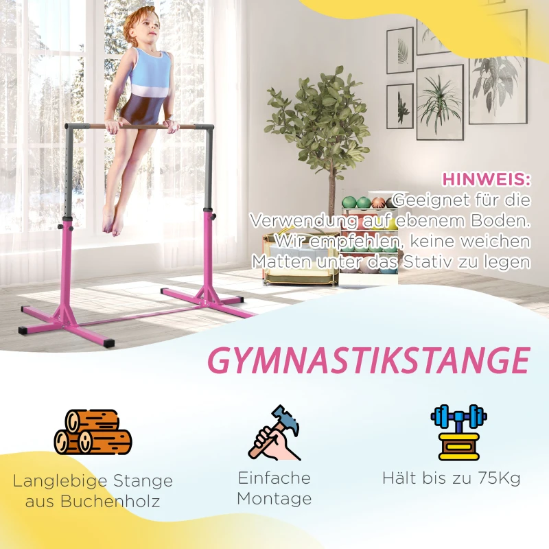 Regulowany Drążek Gimnastyczny HOMCOM dla Dzieci Różowy