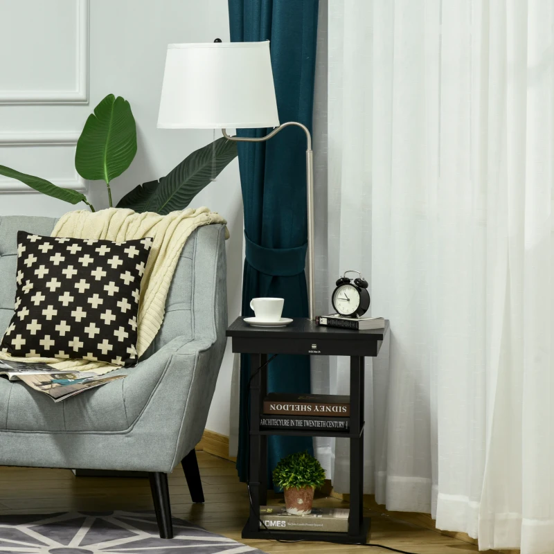 HOMCOM Lámpara de Pie con Mesa Auxiliar y 2 Puertos de Carga USB Casquillo E27 Max. 40W 44,5x44,5x144,5 cm Negro y Blanco