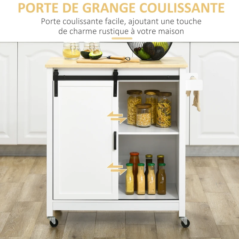 HOMCOM Desserte sur roulettes étagère et porte coulissante à galandage plateau en bois 88,5 x 45 x 91,5 cm blanc
