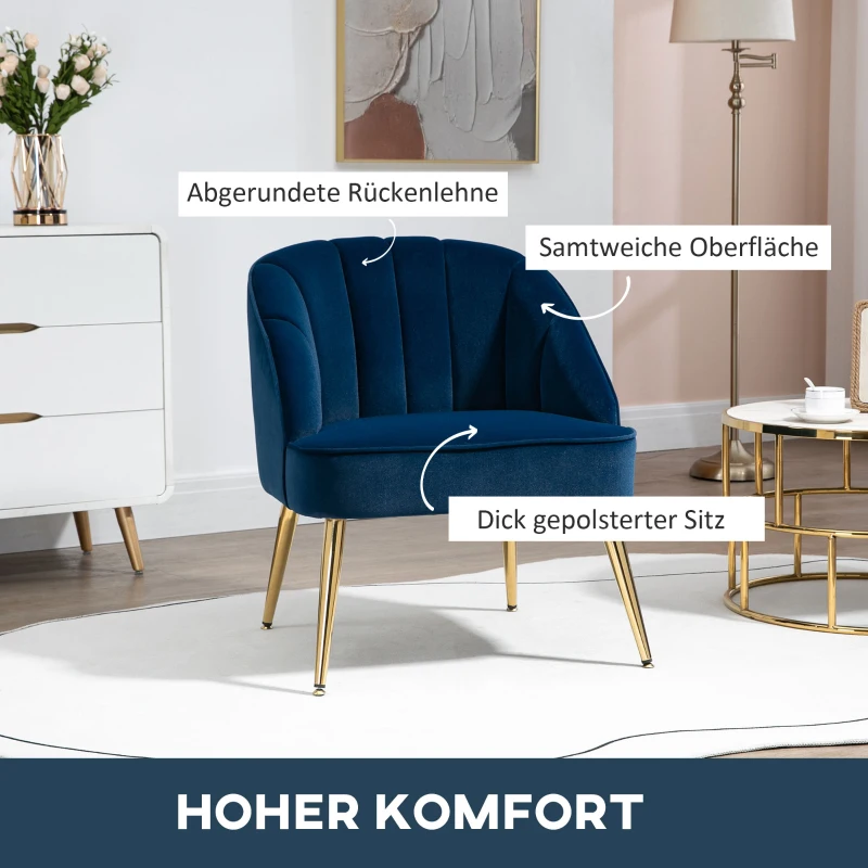 HOMCOM Sessel in Retrodesign, Lesesessel, Akzentsessel, Samtoptik, Blau + Gold