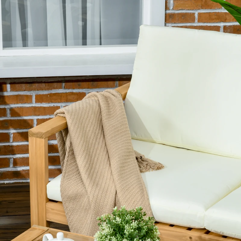 Outsunny Salon de Jardin en bois 6 pièces pour 4 personnes 2 fauteuils + 1 canapé + 1 table basse + 2 repose-pieds beige