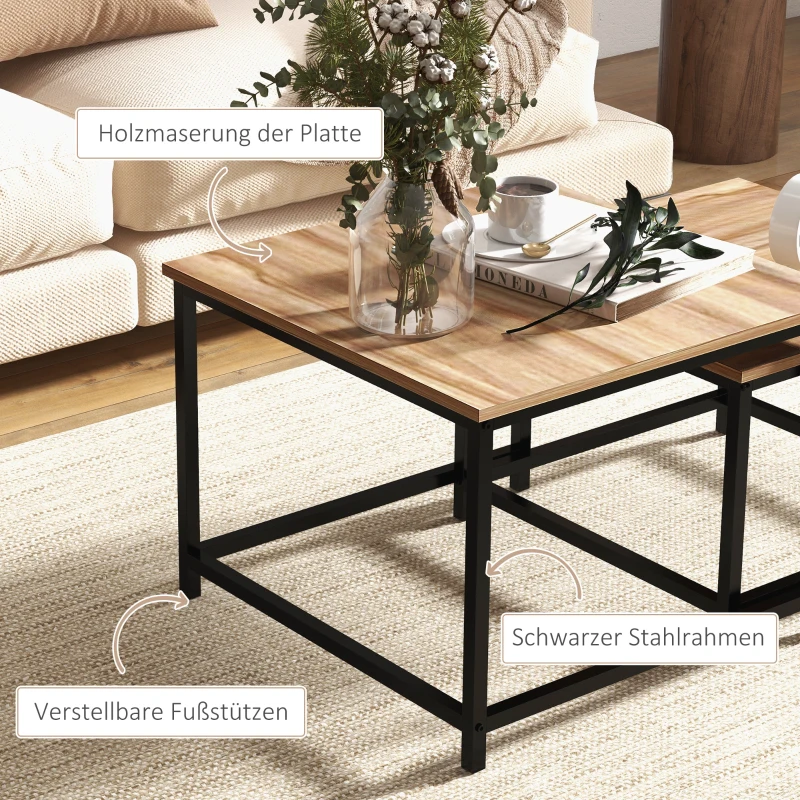 HOMCOM Set van 2 bijzettafels, industrieel design, zwart stalen frame, tafelblad met houteffect