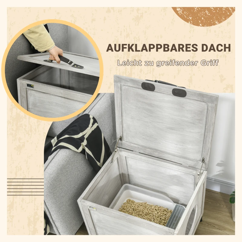 PawHut Szafka na kuwetę dla kota, kuweta z drzwiami, domek dla kota z uchwytem, jasnoszary