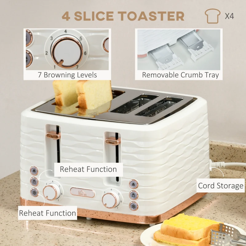 HOMCOM Kettle and Toaster Sets, 3000W 1.7L Rapid Boil Kettle & 4 Slice Toaster with 7 Browning Controls, Defrost, Reheat and Crumb Tray, Otter thermostat, Cream White