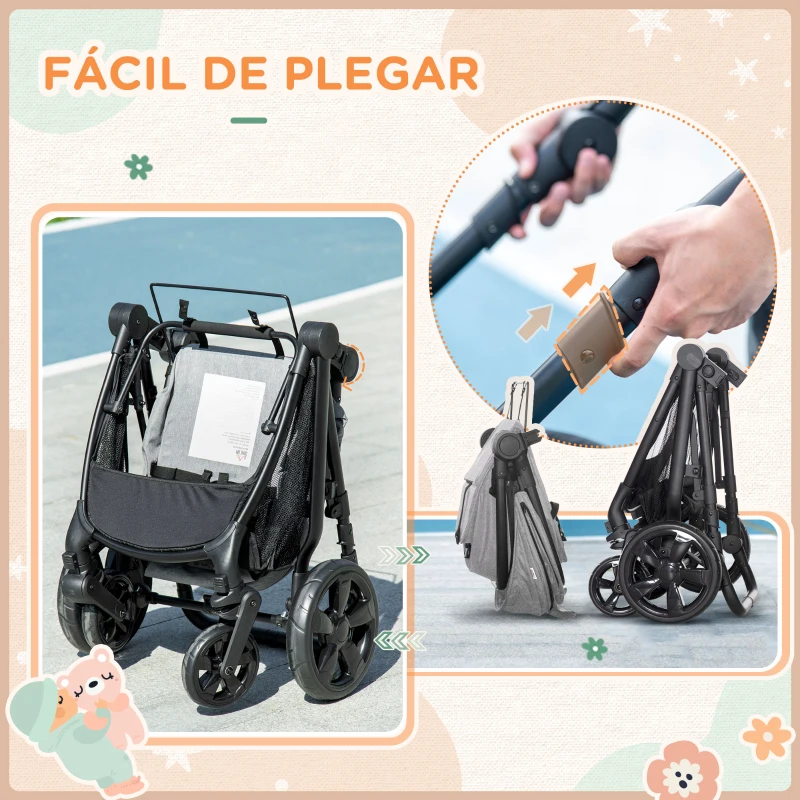 HOMCOM 2 en 1 Silla de Paseo Ligera Cochecito para Bebé de 0-36 Meses Plegable con Asiento Reversible 96x61x106 cm Gris