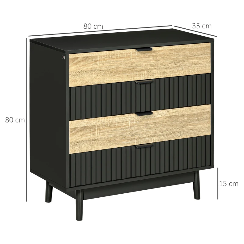 HOMCOM Commode meuble de rangement 4 tiroirs pieds en métal style contemporain 80 x 35 x 80 cm naturel et noir