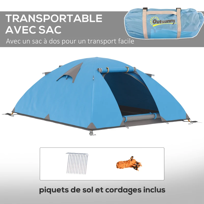 Outsunny Tente de camping 2-3 personnes dôme légère ventilée avec portes zippées sac de transport inclus 268 x 214 x 103 cm bleu