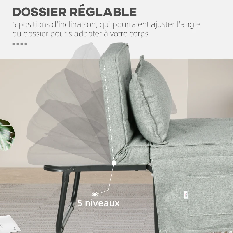 HOMCOM Fauteuil chauffeuse convertible 4 en 1 dossier inclinable 5 position avec coussin 180 x 64 x 40 cm gris clair