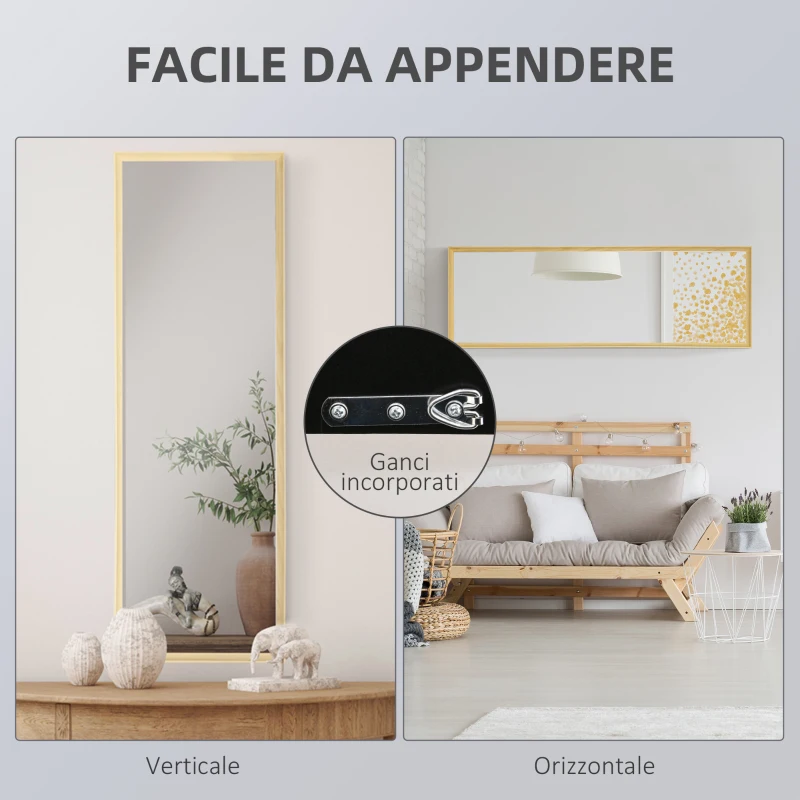 HOMCOM Specchio da parete e da appoggio in Legno di Pino con Ganci inclusi, 53.5x163cm