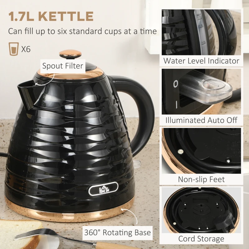 HOMCOM Kettle and Toaster Sets, 3000W 1.7L Rapid Boil Kettle & 4 Slice Toaster with 7 Browning Controls, Defrost, Reheat and Crumb Tray, Otter thermostat, Black(m-4)