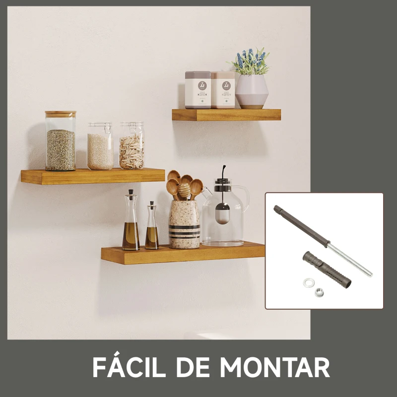 HOMCOM Juego de 3 Estantes Flotantes de Madera Balda de Pared para Salón Pasillo 50x18x3,6 cm 40x18x3,6 cm 30x18x3,6 cm Marrón