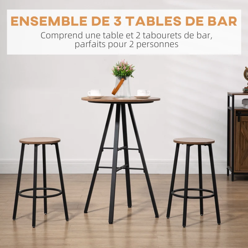 HOMCOM Ensemble table haute ronde design industriel + 2 tabourets ronds avec repose-pied en acier 2 personnes naturel noir