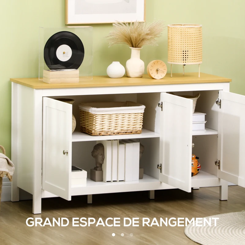 HOMCOM Buffet meuble de rangement avec 3 portes 2 étagères réglables plateau aspect bois clair 120 x 40 x 70 cm blanc
