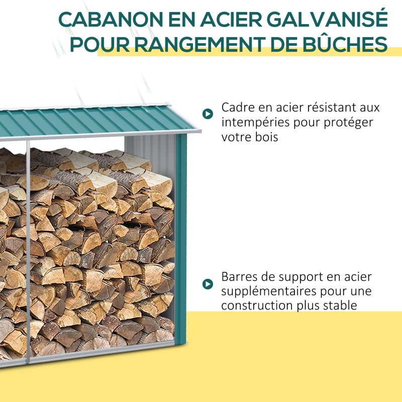 Outsunny Abri bûches de stockage pour bois de chauffage en acier galvanisé 240 x 86 x 160 cm vert