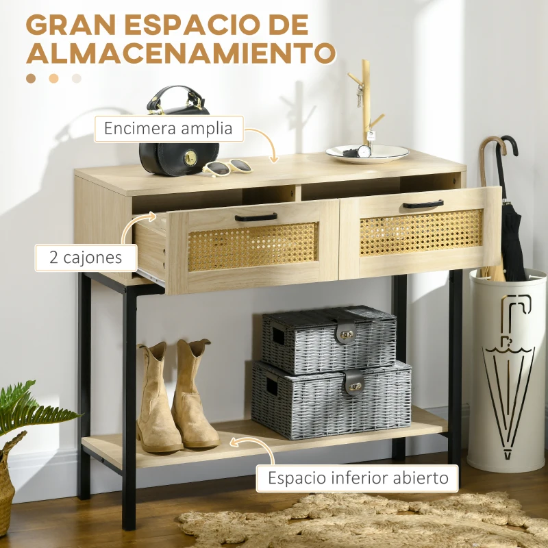 HOMCOM Mesa Consola Mueble Recibidor con 2 Cajones de Rejilla de Ratán Estante de Almacenaje Marco de Metal 90x35x82,5cm Roble