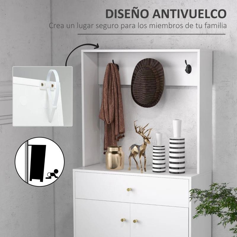 HOMCOM Mueble Zapatero con Perchero 3 Ganchos Cajón 2 Puertas y Estantes Ajustables para 12 Pares de Zapatos 80x32x180cm Blanco
