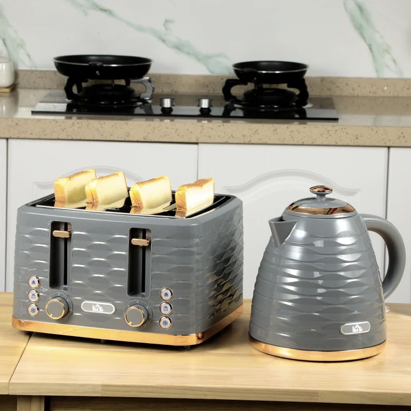 HOMCOM Kettle and Toaster Sets, 3000W 1.7L Rapid Boil Kettle & 4 Slice Toaster with 7 Browning Controls, Defrost, Reheat and Crumb Tray, Otter thermostat, Grey(m-2)