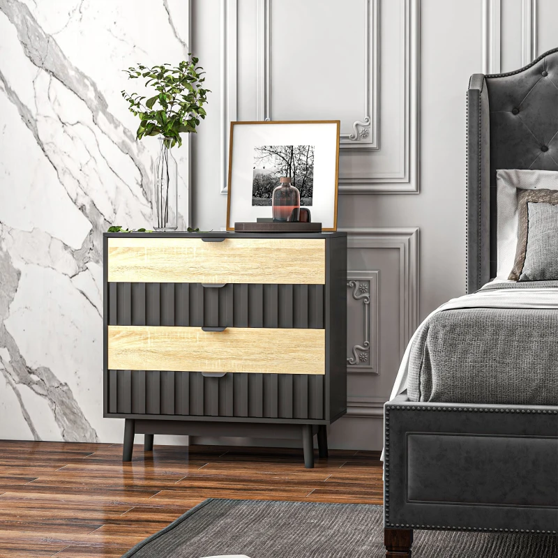 HOMCOM Commode meuble de rangement 4 tiroirs pieds en métal style contemporain 80 x 35 x 80 cm naturel et noir