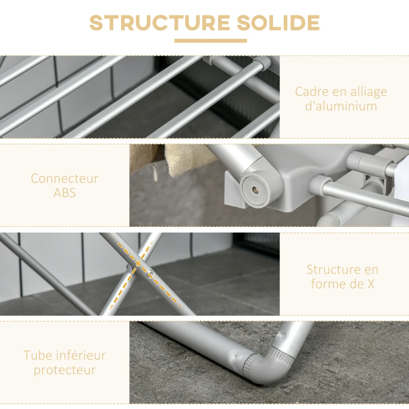 HOMCOM Séchoir à linge étendoir à linge électrique 2 ailes latérales extensibles cadre en alliage d'aluminium 144 x 53 x 91 cm