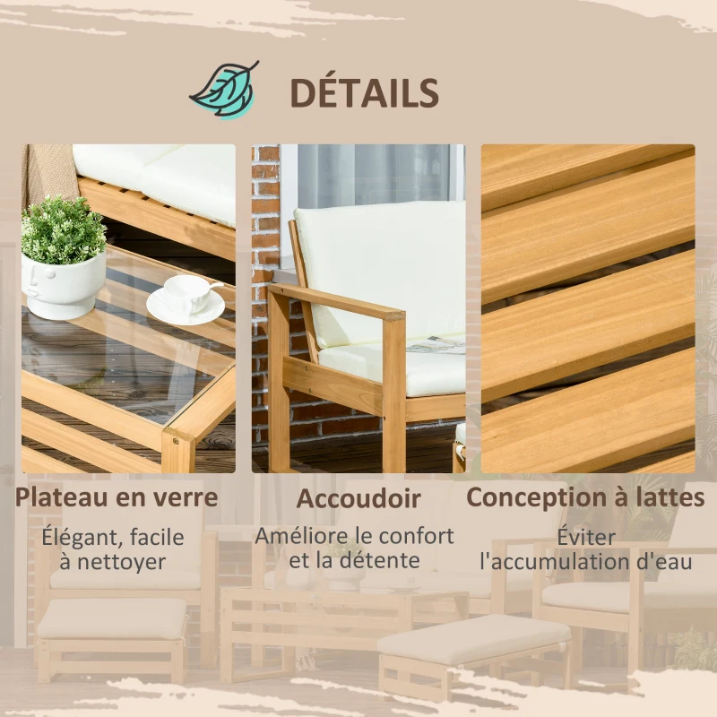Outsunny Salon de Jardin en bois 6 pièces pour 4 personnes 2 fauteuils + 1 canapé + 1 table basse + 2 repose-pieds beige