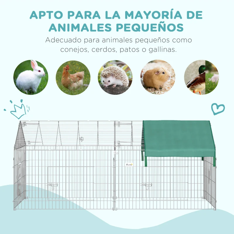 PawHut Jaula Recinto para Animales Pequeños con 2 Puertas y Toldo para Exterior Jardín Patio 220x103x103cm Plata y Verde