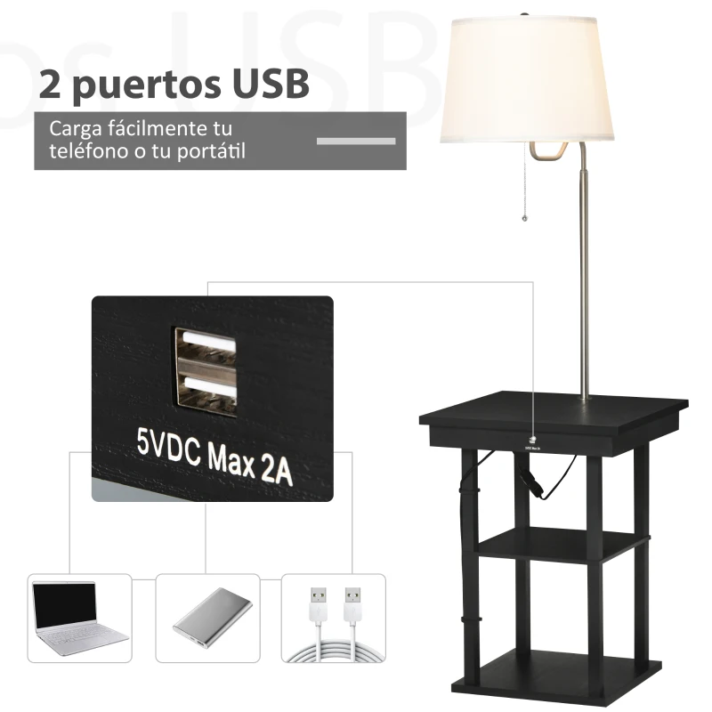 HOMCOM Lámpara de Pie con Mesa Auxiliar y 2 Puertos de Carga USB Casquillo E27 Max. 40W 44,5x44,5x144,5 cm Negro y Blanco