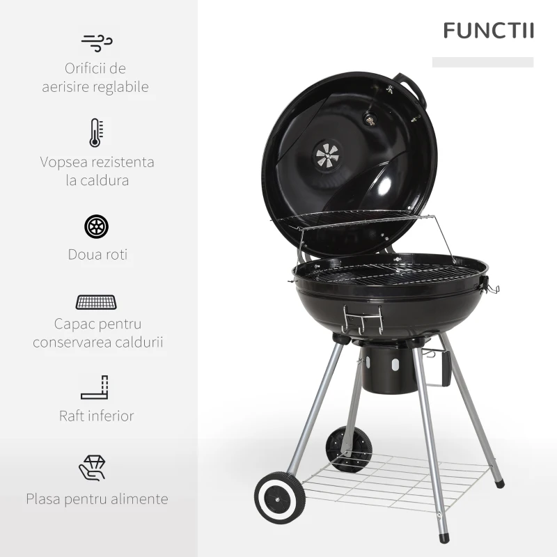 Outsunny Barbecue cu Carbune Capac si Termometru Grilaj Dublu in Metal Negru