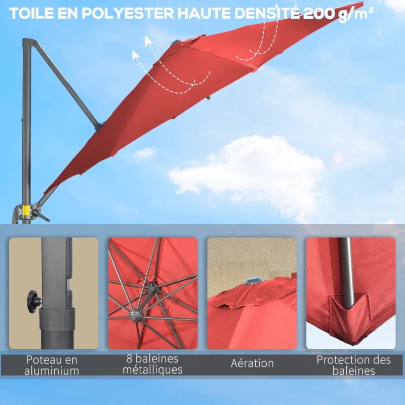 Outsunny Parasol déporté Ø 3 m octogonal inclinable manivelle avec pied en acier Rouge vineux