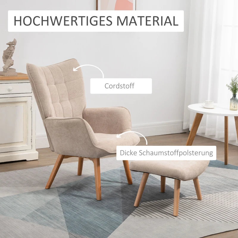 HOMCOM Fauteuil met Scandinavisch accent, voetenbank, fauteuilset, beukenhout, corduroy-look, beige(m-4)