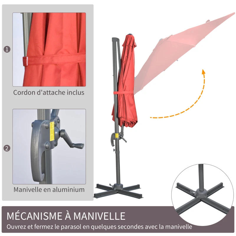 Outsunny Parasol déporté Ø 3 m octogonal inclinable manivelle avec pied en acier Rouge vineux