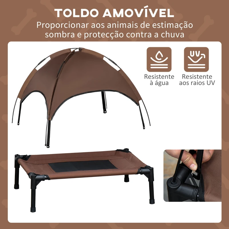 PawHut Cama Elevada para Animais de Estimação Portátil com Toldo Amovível Tecido Respirável 76x61x73cm Marrom